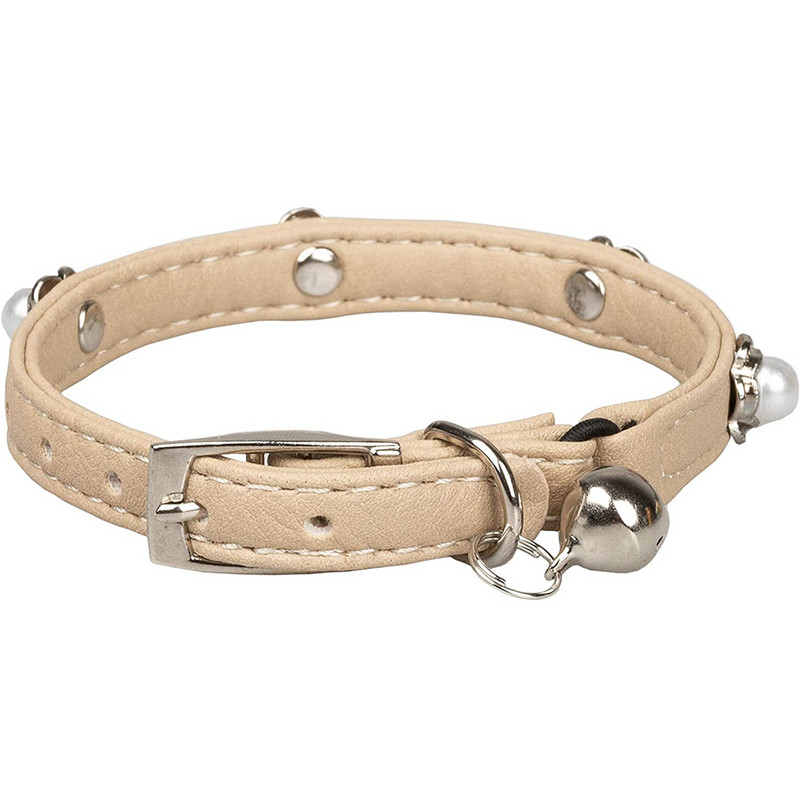 Kaķa kakla siksna ar zvaniņu ādas suņu kakla siksnām Ziemassvētku regulējamas cute pērļu mazas meitenes rotaslietas bēšs S