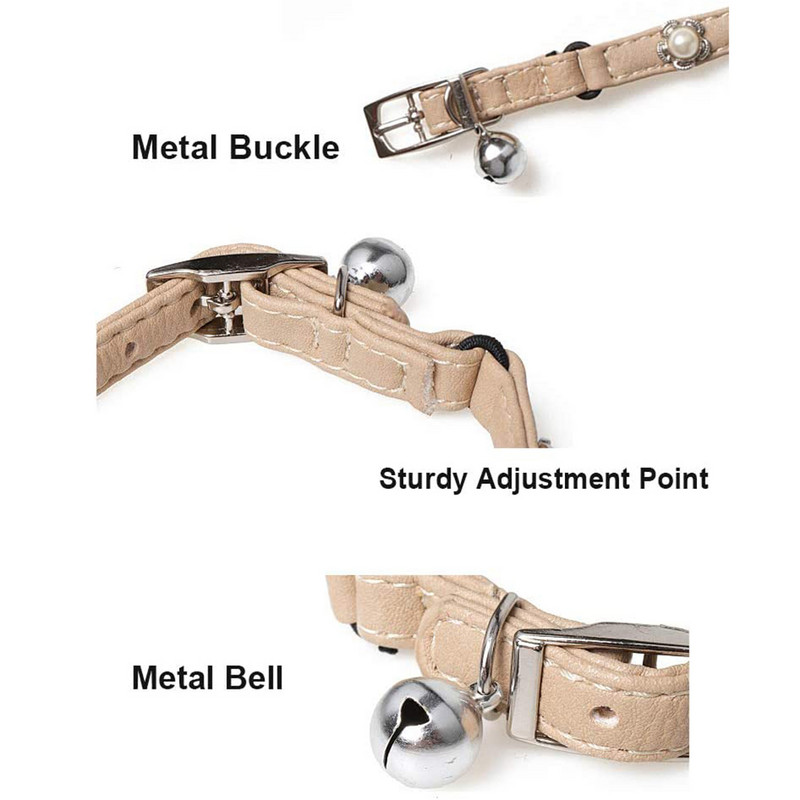 Kaķa kakla siksna ar zvaniņu ādas suņu kakla siksnām Ziemassvētku regulējamas cute pērļu mazas meitenes rotaslietas bēšs S