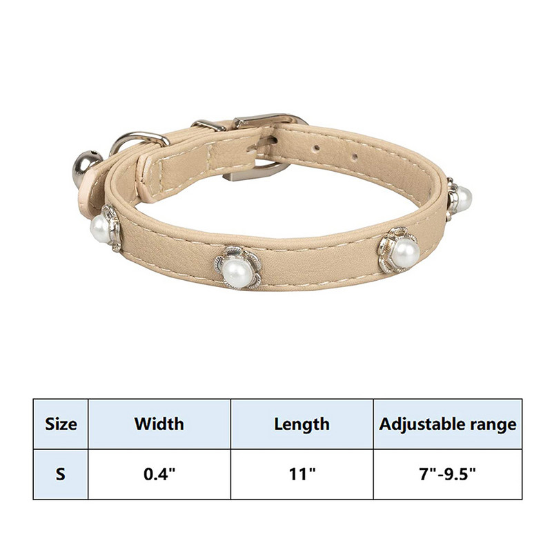 Kaķa kakla siksna ar zvaniņu ādas suņu kakla siksnām Ziemassvētku regulējamas cute pērļu mazas meitenes rotaslietas bēšs S
