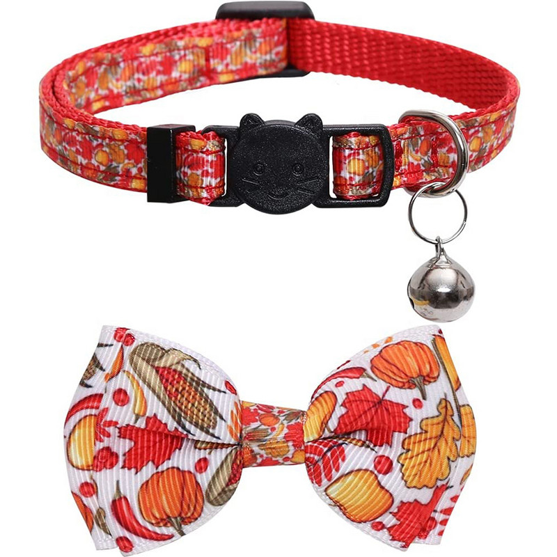 Jaunākā Pateicības dienas Breakaway kaķa kaklasiksna ar zvaniņu un tītara ķirbju raksta regulējamu drošības kaķēnu kaklasiksnu mājdzīvniekiem