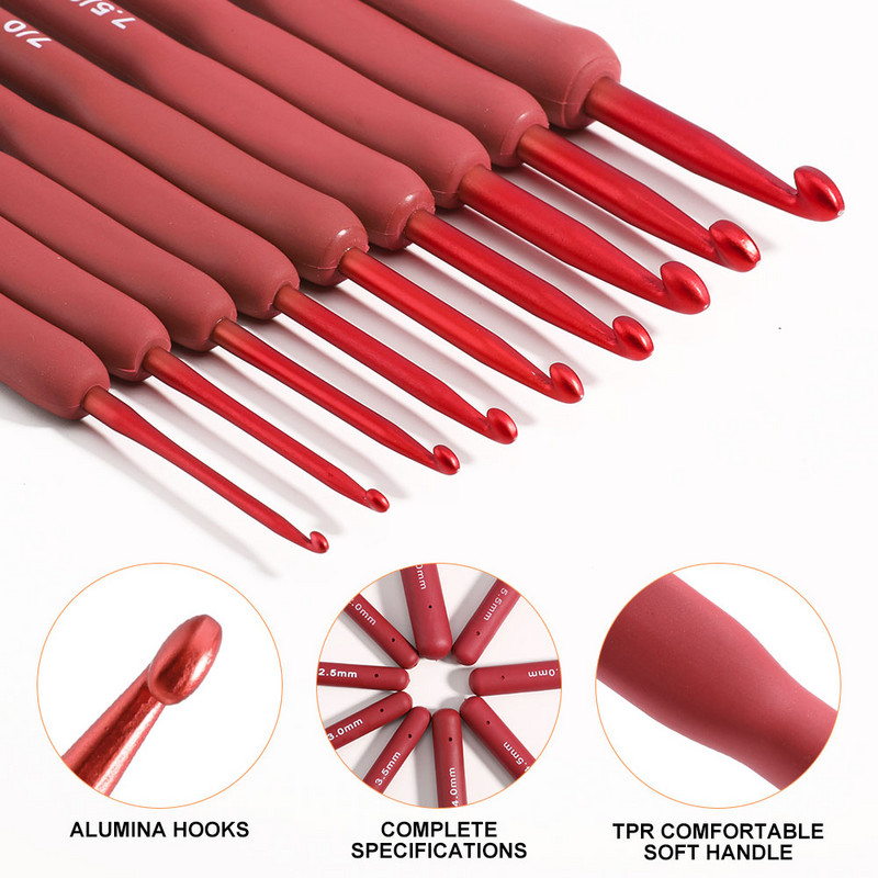 Forró piros színű horgolótű készlet alumínium horgolótűk szilikon fogantyús, ergonomikus kötő horgolótű készlet 2,0-6,0 mm női ajándék