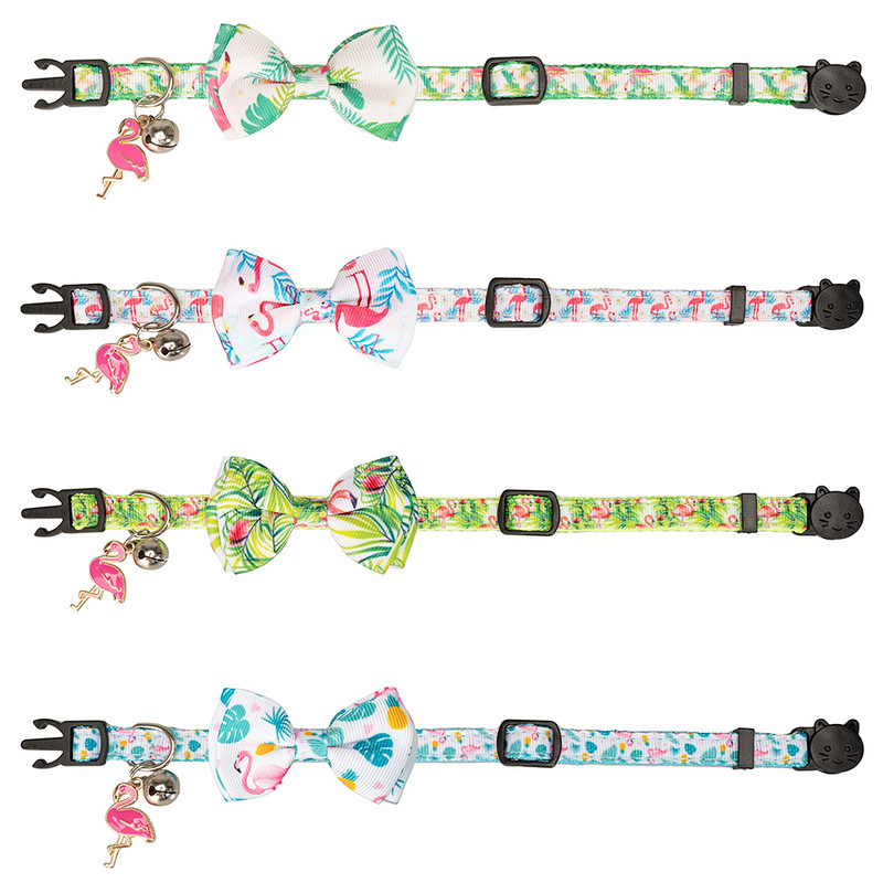 Breakaway macskanyakörv csengő biztonsági csattal Nylon macskanyakörvek aranyos flamingó csokornyakkendővel, állítható 8"-12" között
