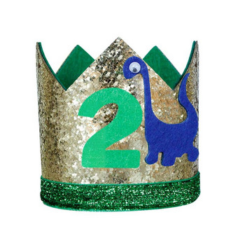 1 бр. Бебе момче Шапка за рожден ден на 1-ви динозавър 2 3 години One Two Roar Party Crown Зелена лента за глава с половин животно