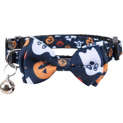 Halloween Cat nyakörv Breakaway csengővel és csokornyakkendővel, Ghost sütőtök mintákkal, új, állítható nejlon biztonsági cicanyakörv bulihoz