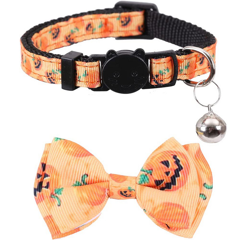Halloween Cat nyakörv Breakaway csengővel és csokornyakkendővel, Ghost sütőtök mintákkal, új, állítható nejlon biztonsági cicanyakörv bulihoz