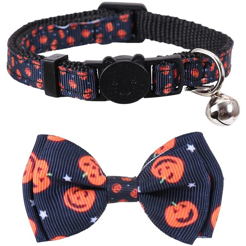 Halloween Cat nyakörv Breakaway csengővel és csokornyakkendővel, Ghost sütőtök mintákkal, új, állítható nejlon biztonsági cicanyakörv bulihoz