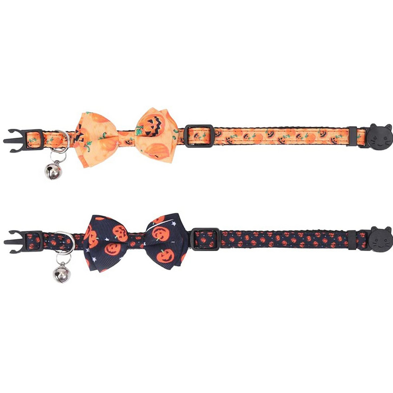Halloween Cat nyakörv Breakaway csengővel és csokornyakkendővel, Ghost sütőtök mintákkal, új, állítható nejlon biztonsági cicanyakörv bulihoz