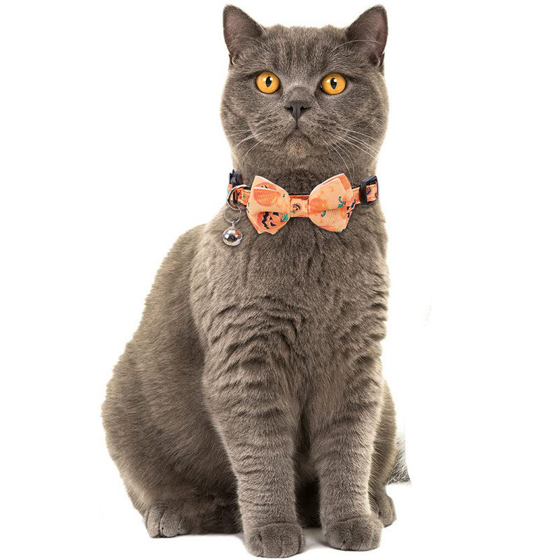 Halloween Cat nyakörv Breakaway csengővel és csokornyakkendővel, Ghost sütőtök mintákkal, új, állítható nejlon biztonsági cicanyakörv bulihoz