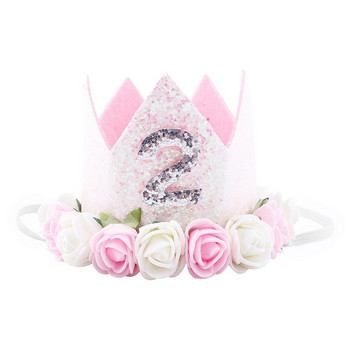 Шапка за първи рожден ден на момиче Цвете Парти Корона Едно 2-ро 3-то число 1 2 3 Бели шапки за рожден ден Baby Priness Лента за глава за коса