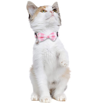Ροζ κολάρο γάτας με λουλουδάτο μοτίβο με καμπάνα και παπιγιόν Ρυθμιζόμενα καρό κολάρα για γατάκια για μικρά σκυλιά Kitty Pet