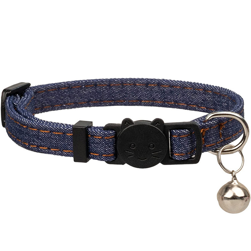 Kaķa kaklasiksna Breakaway ar zvaniņu vienkrāsainiem džinsiem ar drošības sprādzi, regulējamu kaķēnu kaklasiksnu kucēnu mājdzīvniekiem