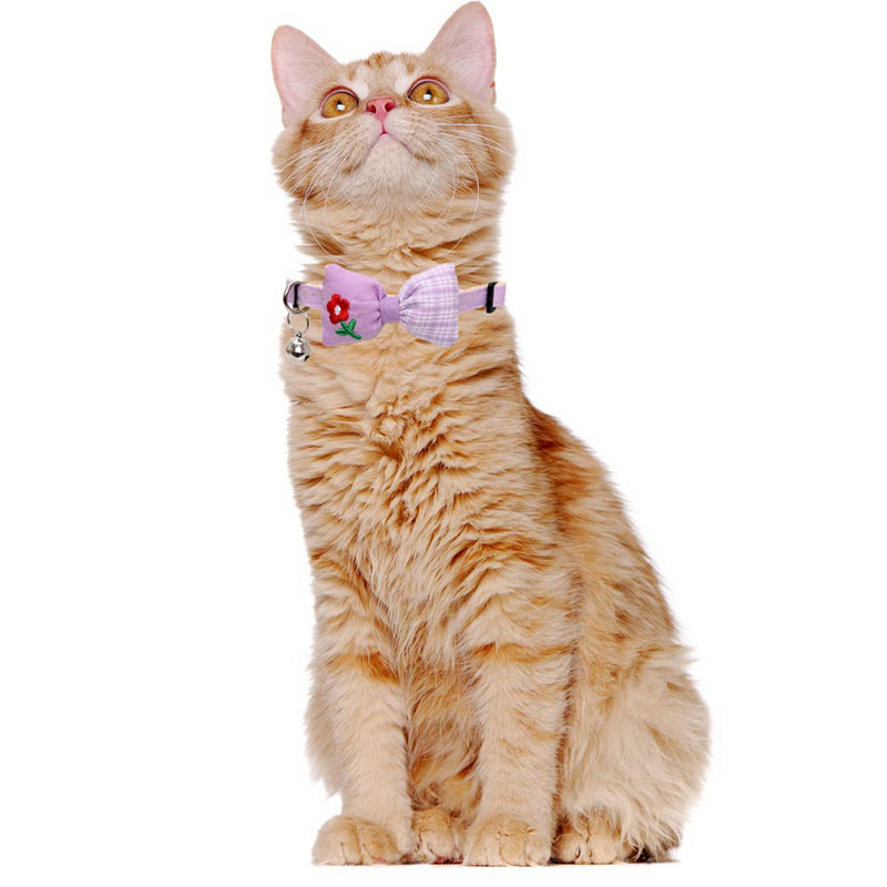 Kaķa kakla siksna ar jauku tauriņu un zvaniņu atdalāmu rūtainu ziedu kaķēnam, regulējama drošības kaķenes kaklasiksna maziem mājdzīvniekiem