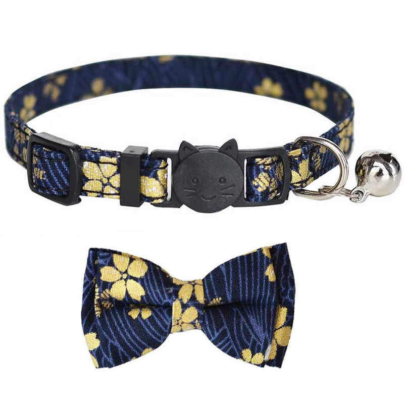 Αποσπώμενος γιακάς γάτας με κουδούνι και παπιγιόν Ιαπωνικό Lucky Floral Pattern Αποσπώμενο Φιόγκο Ρυθμιζόμενο κολάρο ασφαλείας για γατάκι για κατοικίδια