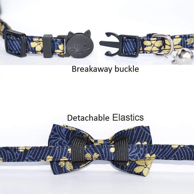 Αποσπώμενος γιακάς γάτας με κουδούνι και παπιγιόν Ιαπωνικό Lucky Floral Pattern Αποσπώμενο Φιόγκο Ρυθμιζόμενο κολάρο ασφαλείας για γατάκι για κατοικίδια