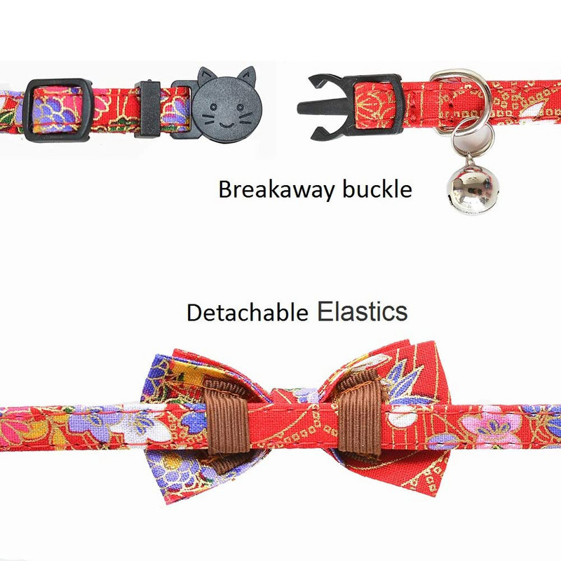 Αποσπώμενος γιακάς γάτας με κουδούνι και παπιγιόν Ιαπωνικό Lucky Floral Pattern Αποσπώμενο Φιόγκο Ρυθμιζόμενο κολάρο ασφαλείας για γατάκι για κατοικίδια