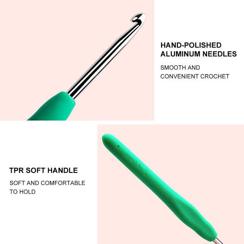 1 gabals alumīnija tamboradatu komplekts Ergonomisks rokturis Mīksts TPR rokturis Tamboradatas Dzijas un vilnas 14 izmēri 2,25–10,0 MM