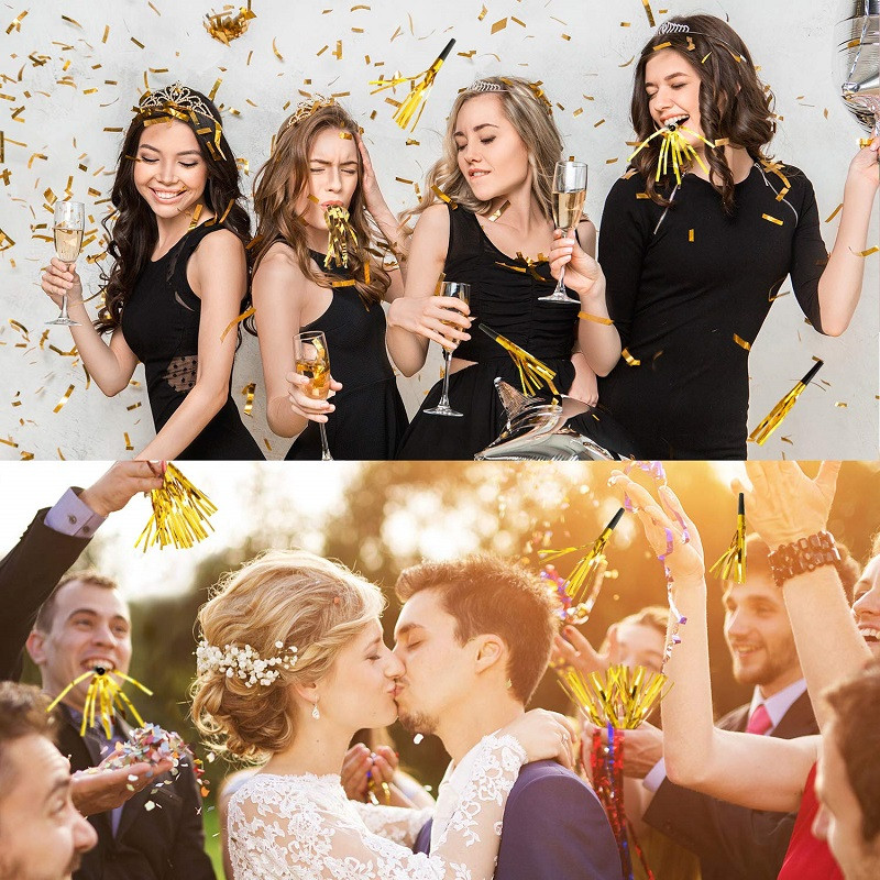 Blowout Svilpes trokšņu veidotājs ar mirdzošu metālisku bārkstīmu ballīšu priekšrocībām bērniem dzimšanas dienas kāzām, Ziemassvētku atmosfēras piederumi