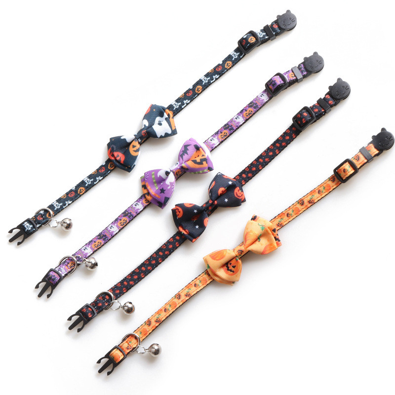 Kisállat macska nyakörvek macska kellékek Kiegészítők Halloween sorozat Szövedék Macskanyakörv Íves macskanyakörv csengővel Állítható kisállat termékek