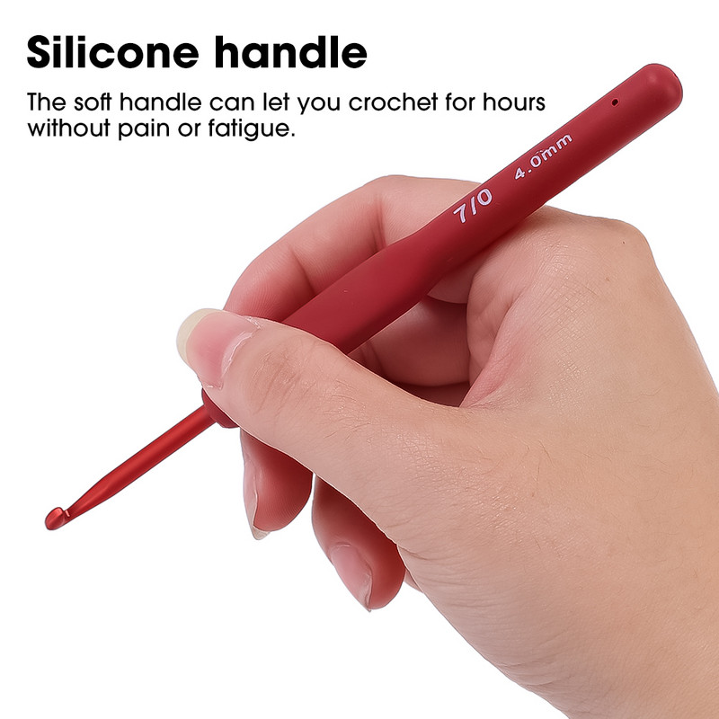 Raudona nėrimo adata Megzti nėrimo kabliukai Silikoninė rankena Mezgimo adata Matinio aliuminio kabliuko galvutės adata Mezgimo siuvimo įrankiai