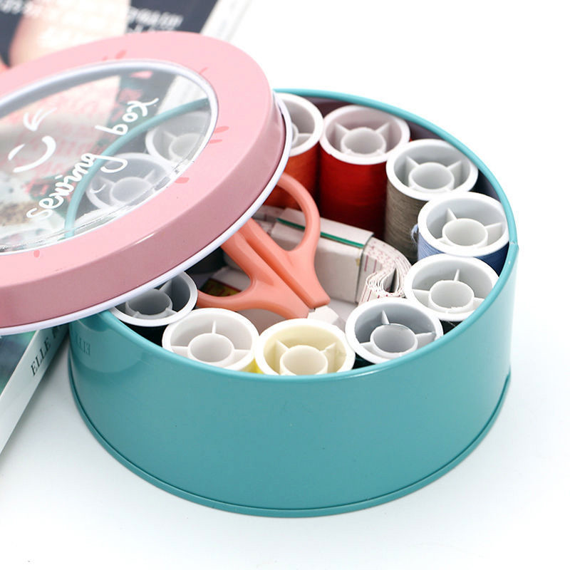 16 részes készlet Háztartási varrókészlet Hordozható kerek vasdoboz Tároló Varróeszközök Diákkollégiumi Varró Kézi Varró Varrókészlet