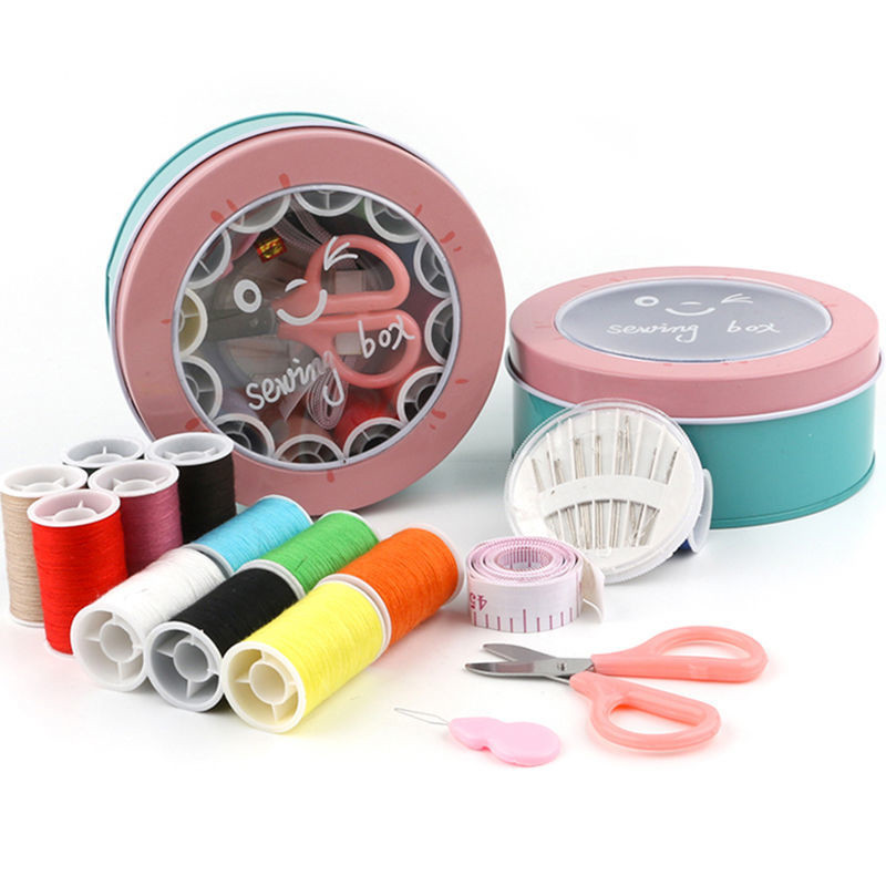 16 részes készlet Háztartási varrókészlet Hordozható kerek vasdoboz Tároló Varróeszközök Diákkollégiumi Varró Kézi Varró Varrókészlet