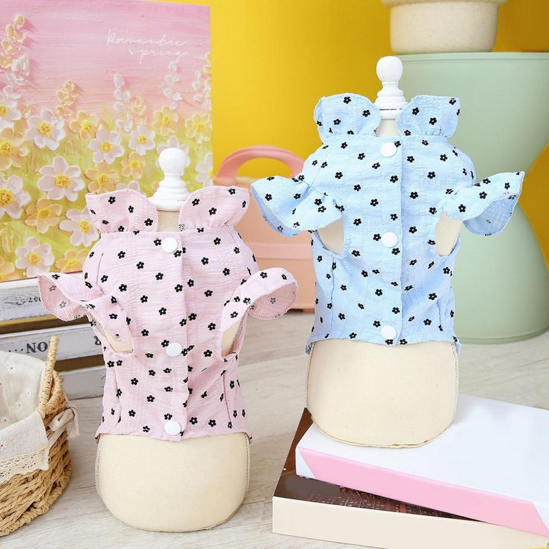 Mellény nyári ruhák kisállat póló állvány nyakörv fodros ujjú Szemet gyönyörködtető pamut virágmintás kisállat kutya mindennapi viselet