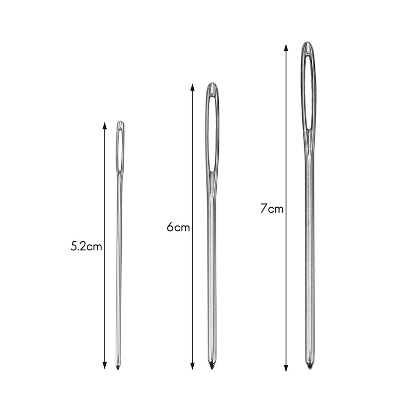 12 gabali strupās adatas ar lielām acīm Tērauda adāmadatas Šūšanas instrumenti ar caurspīdīgu pudeli, 3 izmēri