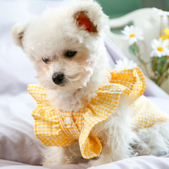 Дрехи за кучета Дрехи за котки на едро Пролет и лято Нова бебешка риза с пеперуда в жълто каре Дрехи за кучета за малки кучета Момиче