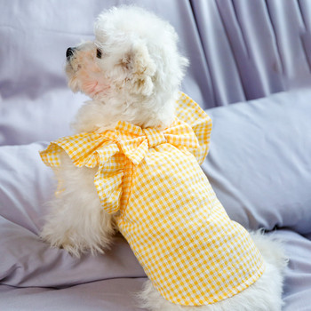 Ρούχα για σκύλους Χονδρική Ρούχα για γάτες Άνοιξη και Καλοκαίρι Νέο Μπλουζάκι Πεταλούδας Κίτρινο Έλεγχο Βρεφικό Πουκάμισο Ρούχα σκυλιών για μικρά σκυλιά κορίτσι