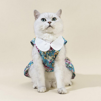 Котешка рокля с шарка на цветя с отгъваща се яка, подходяща за кожата, дишаща, удобна, декоративна, памучна, елегантно коте, кученце