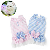 Nyári macskaruhák Rózsaszín kék kockás kiskutya macskák ruha csokornyakkendővel Puha kisállat kutyák jelmezek légáteresztő cica hercegnő szoknya mellény