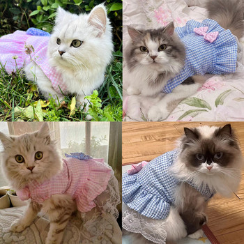 Летни дрехи за котки Розово синьо карирано кученце Котки Рокля с папийонка Меки костюми за домашни кучета Дишащо коте Пола на принцеса Жилетка