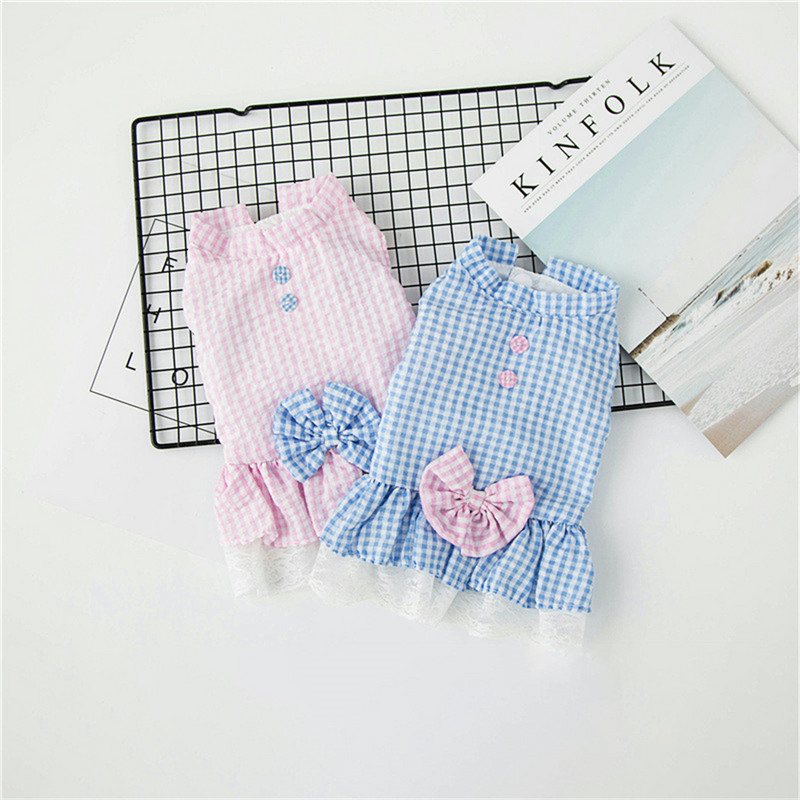 Nyári macskaruhák Rózsaszín kék kockás kiskutya macskák ruha csokornyakkendővel Puha kisállat kutyák jelmezek légáteresztő cica hercegnő szoknya mellény