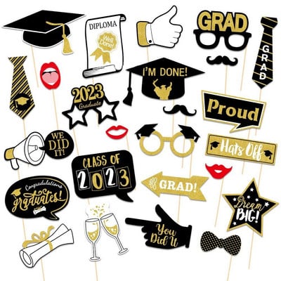 25 бр./компл. Selfie Photo Booth Props Graduation Party Decor Bachelor Cap Cap with Stick Class For 2023 Party Congraduats Grad