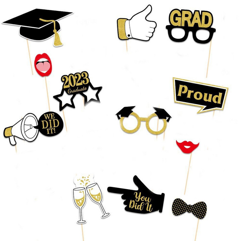 25 vnt./rinkinys Asmenukių nuotraukų būdelės rekvizitai Baigimo vakarėlio dekoravimui Bakalauro kepuraitės laikiklis su lazdelių klase, skirtas 2023 m. vakarėliui, absolventams