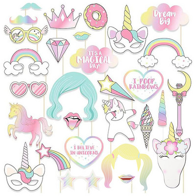 29db/készlet Unicorn Party Photo Booth kellékek Rajzfilm szivárvány Unicornio One 1. születésnapi parti dekorációs kellékek babazuhany