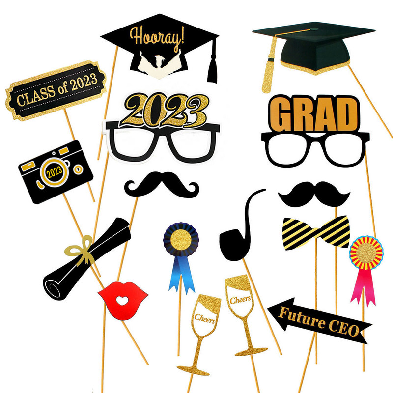 28db Class Of 2023 Paper Photo Booth kellékek Ballagási parti díszek Photobooth Bachelor Cap Grad Diplomát szerzett