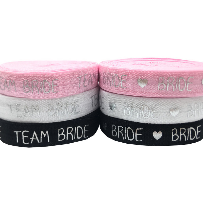 10 Yard 5/8" 15 mm sudraba folija TEAM BRIDE Print Foldover Elastīga FOE Spandex Band Matu kaklasaite galvas saite Tutu kleitas šūšanas apdare