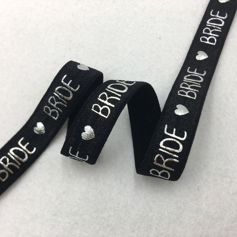 10 Yard 5/8" 15 mm sudraba folija TEAM BRIDE Print Foldover Elastīga FOE Spandex Band Matu kaklasaite galvas saite Tutu kleitas šūšanas apdare