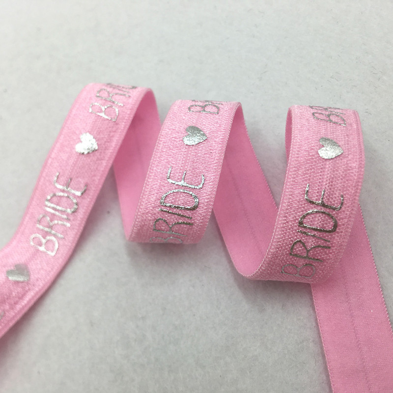 10 Yard 5/8" 15 mm sudraba folija TEAM BRIDE Print Foldover Elastīga FOE Spandex Band Matu kaklasaite galvas saite Tutu kleitas šūšanas apdare