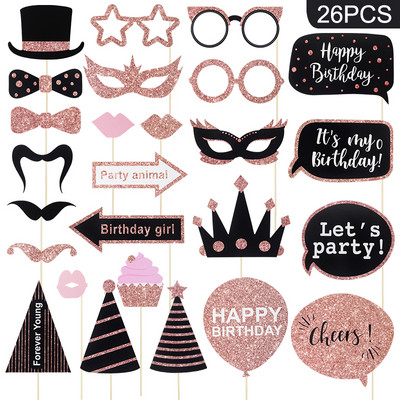 26/30 db Boldog születésnapi fotófülke kellékek fa botokkal Női születésnapi évfordulós buli dekoráció Photobooth kellékek