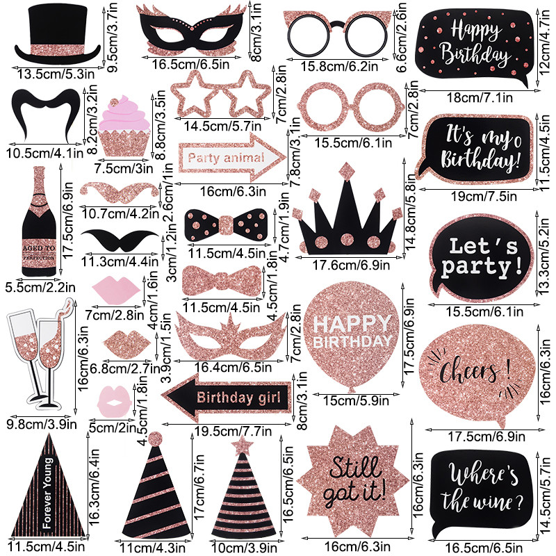 26/30 db Boldog születésnapi fotófülke kellékek fa botokkal Női születésnapi évfordulós buli dekoráció Photobooth kellékek