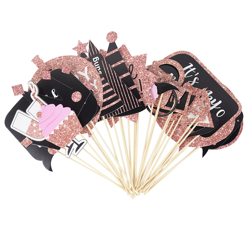 26/30 db Boldog születésnapi fotófülke kellékek fa botokkal Női születésnapi évfordulós buli dekoráció Photobooth kellékek