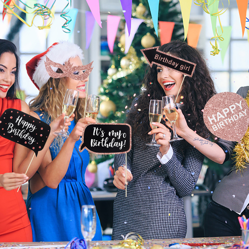 26/30 db Boldog születésnapi fotófülke kellékek fa botokkal Női születésnapi évfordulós buli dekoráció Photobooth kellékek