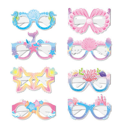 8PCS Mermaid Party Photo Props Mermaid Birthday Paper Glasses Seagrass Seahorse Morska Starfish Shell Glasses Happy Mermaid Party Decor