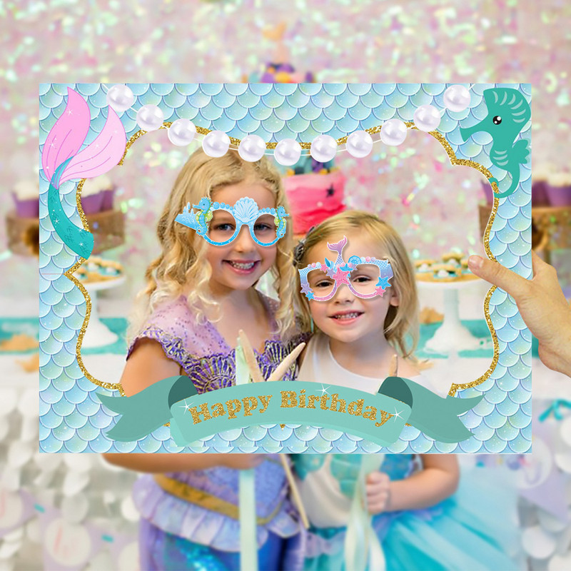 8 DB Mermaid Party Photo Kellékek Mermaid születésnapi papír szemüvegek Seagrass Seahorse Starfish Shell szemüvegek Boldog sellő party dekoráció
