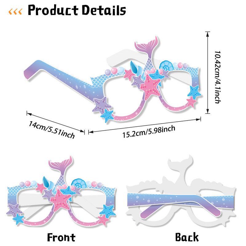 8 DB Mermaid Party Photo Kellékek Mermaid születésnapi papír szemüvegek Seagrass Seahorse Starfish Shell szemüvegek Boldog sellő party dekoráció