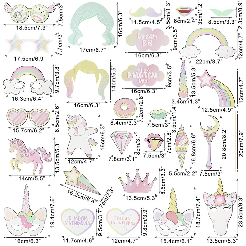 29db/szett Unicorn Party Photo Booth kellékek Szivárvány Unicornio Theme Gyerekek 1. Születésnapi Party Dekorációk Babazuhany kellékek