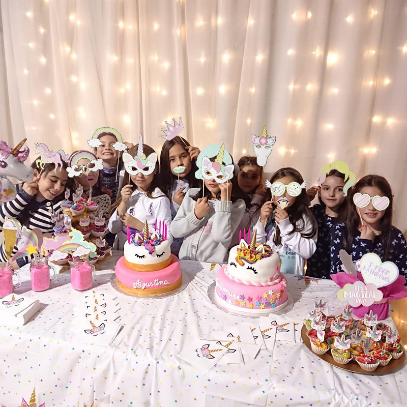 29db/szett Unicorn Party Photo Booth kellékek Szivárvány Unicornio Theme Gyerekek 1. Születésnapi Party Dekorációk Babazuhany kellékek
