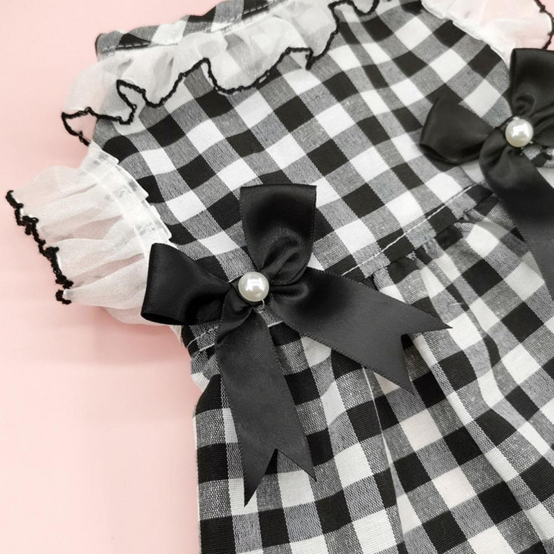 Φόρεμα για σκύλους με στρογγυλή λαιμόκοψη με δαντέλα συνονθύλευμα ψεύτικα μαργαριτάρια ντεκόρ καρό τύπωμα Pet Dog Cat Princess Dress